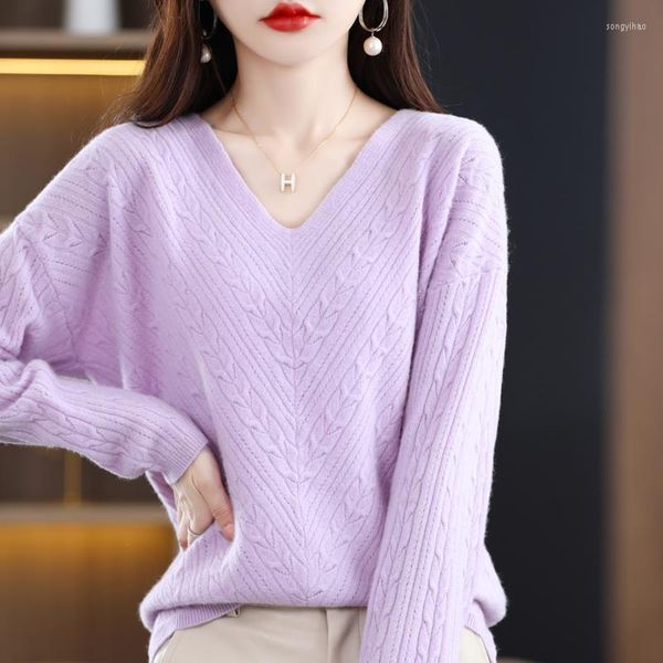 Pulls pour femmes 2023 automne/hiver col en v pur Cardigan femme évider torsion lâche tricot Blouse pull en cachemire