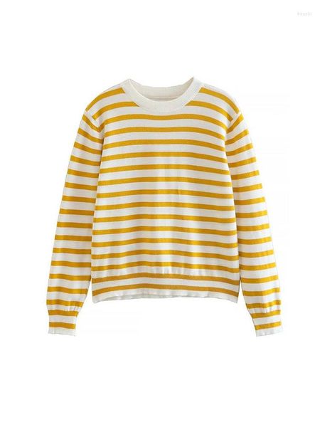 Suéteres para mujer 2023 Otoño Invierno Mujeres Amarillo Rayas Punto Suéter Jumper Moda Femenina O Cuello Suelto Básico Jerseys Lady Vintage