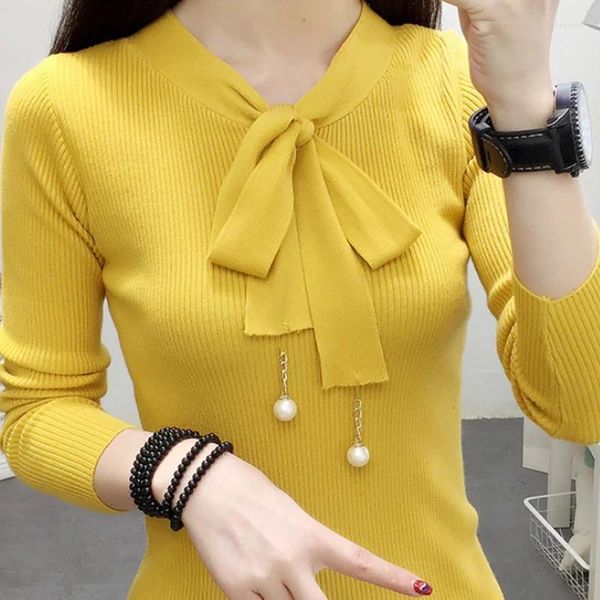 Pulls pour femmes 2023 Automne Hiver Jaune Bow Knit Femmes Pull Rose Printemps Slim Étudiants Tricot Perle Pulls Vêtements De Mode