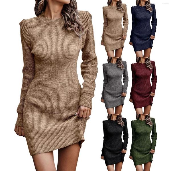 Suéteres de mujer 2023 Casual cuello alto manga larga soplo suave punto borroso bodycon suéter vestido delgado