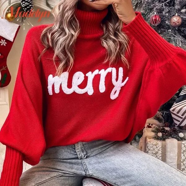 Suéteres de mujer 2023 Suéter de punto de Navidad Mujeres Cuello alto Manga de murciélago Feliz Jersey Mujer Moda Año Carta Bordado Rojo 231107