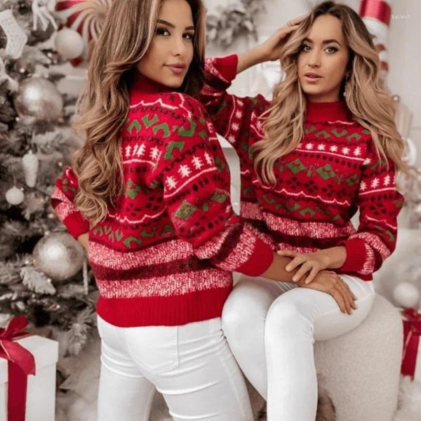 Pulls pour femmes 2023 Noël Femmes Pull Sœurs Filles Correspondant Vêtements Noël Look Mock-Cou Épaissir Tricots Chauds Pulls Doux Pull