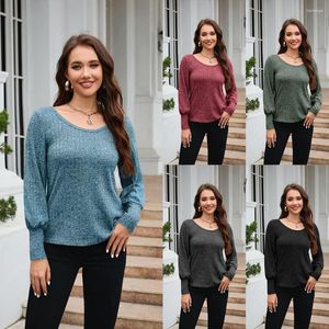 Pulls pour femmes 2023 Vêtements Amazon Col rond Pit Rayé Panneau de couleur unie brossé T-shirt à manches longues