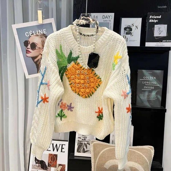 Pulls pour femmes 2023 Designer Mode 3D Fleur Broderie Pull tricoté Automne Hiver Femmes Lourd Ananas Crochet Épais Lâche
