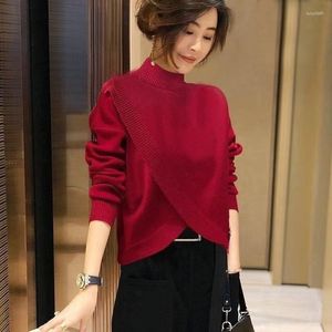 Pulls pour femmes 2023 élégant couleur unie tricoté épissé asymétrique pull vêtements automne lâche pulls décontractés hauts irréguliers