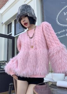 Pulls pour femmes 2023 fausse fourrure couture tissé manteau de fourrure femmes vêtements d'hiver Style coréen à manches longues en vrac épais chaud Faxu