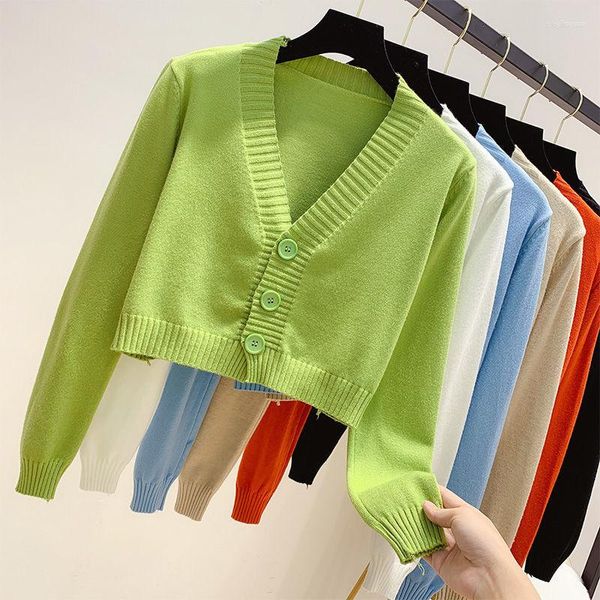 Chandails féminins 2023 Cardigan tricot cropped Femmes Pull court coréen Pull à manches longues Crop top V Neck Fashion Y2k Vêtements Green Bleu