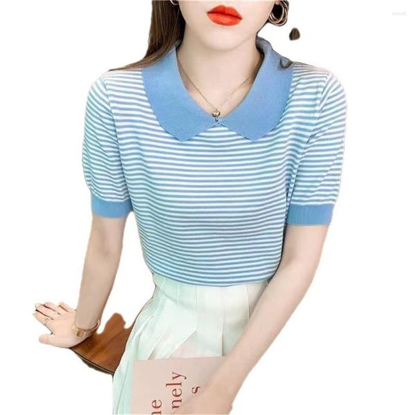 Pulls pour femmes 2023 coréen bleu rayé été femmes pulls tricot dames T-Shirts élastique mince décontracté coton laine basique hauts