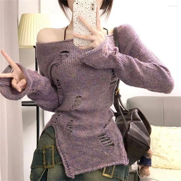 Pulls pour femmes 2023 Mode coréenne Automne Femmes Pull en tricot violet Vintage Casual Manches longues Pulls tricotés Vêtements de base