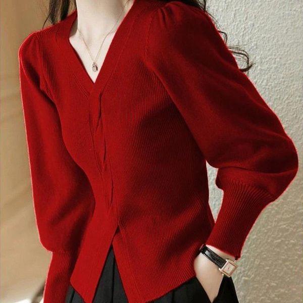 Suéteres para mujer 2023 Colección de prendas de punto de lujo coreana Jumper Y2k Vintage en rojo Damas con cuello en V Top de punto para mujeres Tendencia de jersey