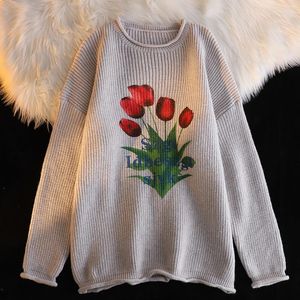 Chandails pour femmes 2023 lettres fleurs imprimer gris chasure dames pull d'automne hiver classique femelles de tricots de tricot