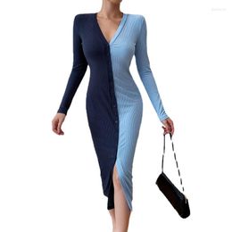 Suéteres de mujer 2023 botones de manga larga Patchwork Slit Sexy vestido Otoño Invierno mujer moda Streetwear OL trajes fiesta ropa elegante