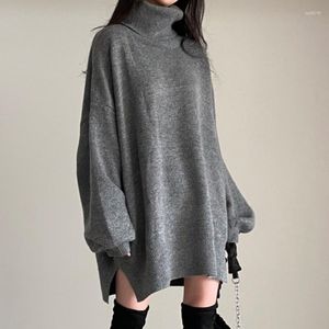 Suéteres de mujer 2023, suéter suelto, suéter de cuello alto gris, vestido de mujer, prendas de punto de invierno, manga corta de linterna