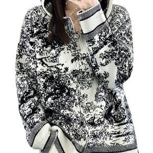 Cárdigan de lana para mujer 2024: nueva chaqueta acolchada con cremallera para otoño e invierno, capucha, estampado jacquard y corte holgado.Elegante diseño de pintura en tinta en blanco y negro.Tallas: L,XL