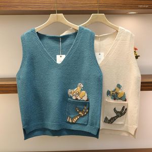 Suéteres de mujer 2023 primavera y otoño versión coreana con patrón de dibujos animados sin mangas con cuello en V chaleco de punto mujeres suéter suelto