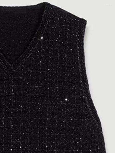 Pulls pour femmes 2023 printemps et été femmes vêtements col en v paillettes agrémentées de Tweed sans manches gilet/culottes