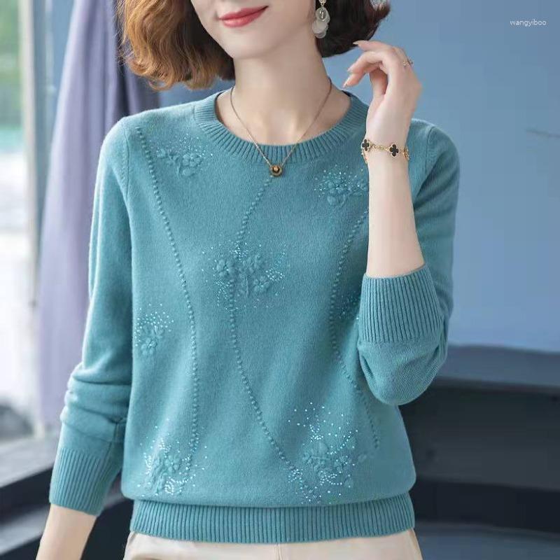 Women's Sweaters 2023 Spring Autumn Embroidered Crew Neck Pullover Knitting Sweater Middle-Aged And Elderly Winter Female Loose Bottoming