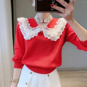 Suéteres para Mujer, suéter rojo de primavera 2023, jerséis para Mujer, cuello de encaje con volantes, bonito jersey negro, Tops tejidos, suéter para Mujer