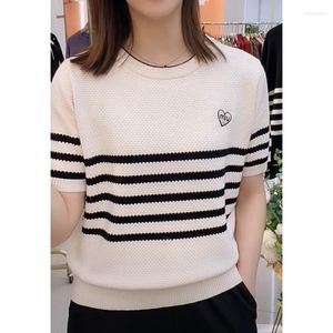 Pulls pour femmes 2023 printemps/été Boutique cachemire broderie pull rayé à manches courtes col rond mode doux