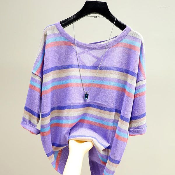 Pulls pour femmes 2023 Summer Back Cross Beauty Sneaky Design Sexy Stripes Round Neck Short Sleeve All-Match Ice Silk Sweater Fashion