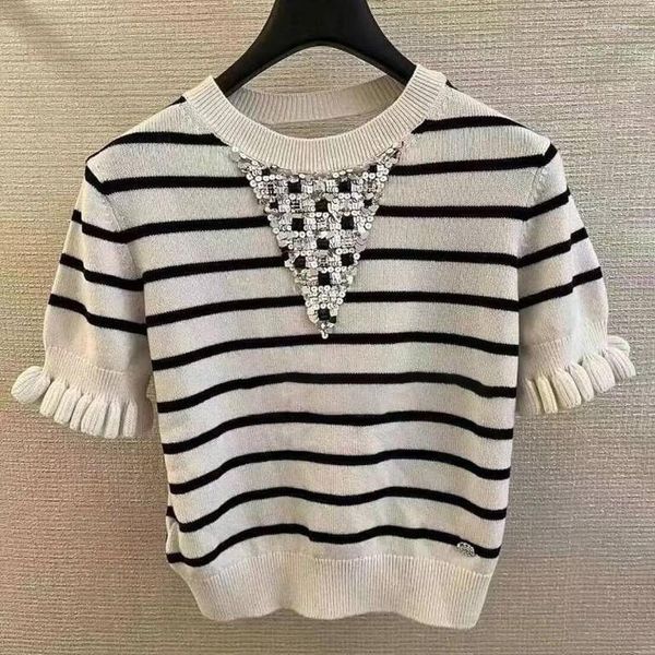 Suéteres de mujer 2023 verano con cuentas cuello redondo rayas manga corta marca pasarela volantes espalda descubierta Sexy moda jerseys Top