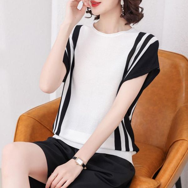 Suéteres de mujer 2023 Moda de verano Negro Blanco Patchwork Manga corta Elegante Punto Camiseta Mujeres Casual Flojo Seda de Hielo Tops Tops