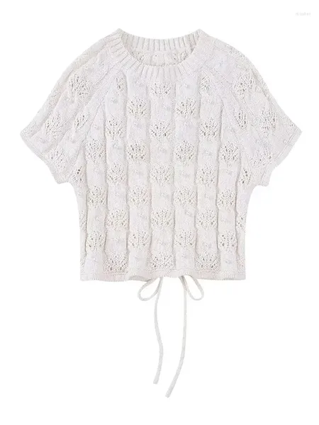 Suéteres de mujer 2023 Decoración de perlas de verano Fashion Fashion Backing Knited White Short Ladies Casual Camiseta de manga de cuello