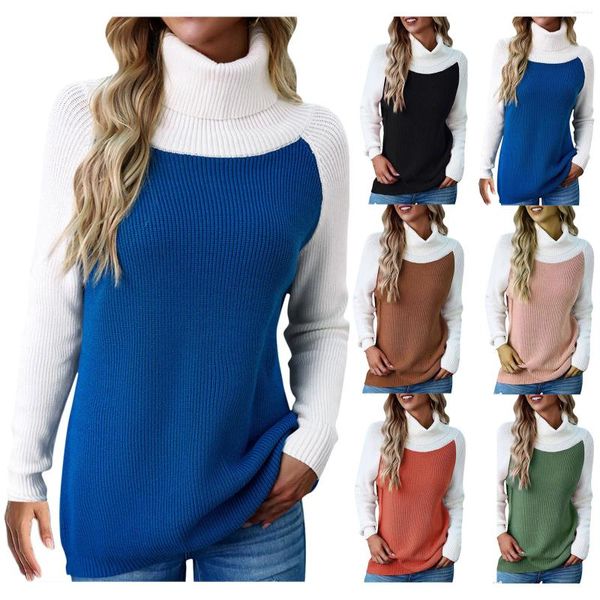 Suéteres de mujer 2023 invierno Casual cuello alto manga larga rayas abertura lateral suéter suelto Jersey Tops Color a juego