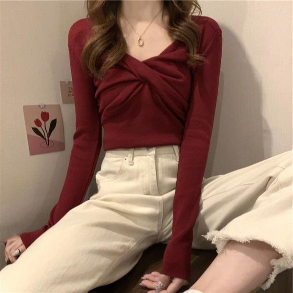 Pulls pour femmes 2023 Pull de Noël d'hiver pour femmes Noël Solide à manches longues Cross Bow Pull Vêtements Sexy Lady Warm Slim Knitwear Tops