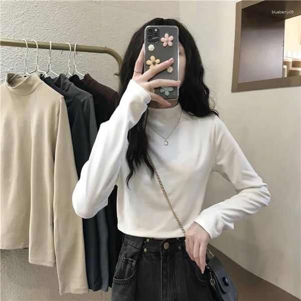 Suéteres de mujer 2023 invierno medio cuello alto camisa inferior blanca capa interior cálida camiseta suelta de manga larga Top estilo básico