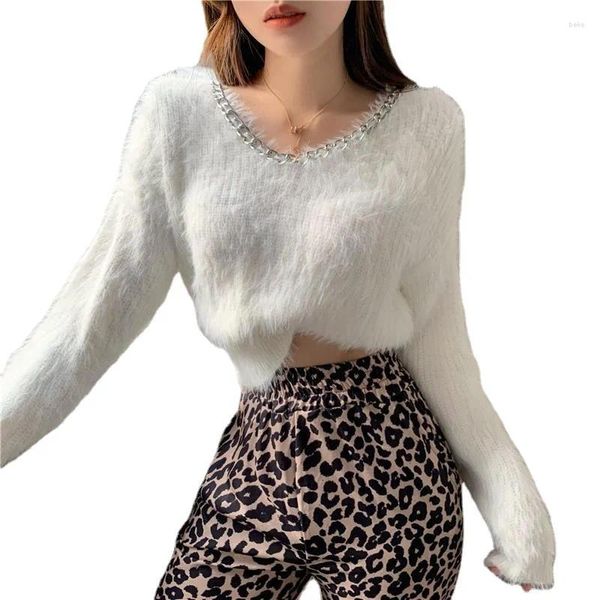 Pulls pour femmes 2023 hiver coréen pull court doux texture cireuse chaîne en métal col en V pull tricoté à manches longues bureau dames vêtements