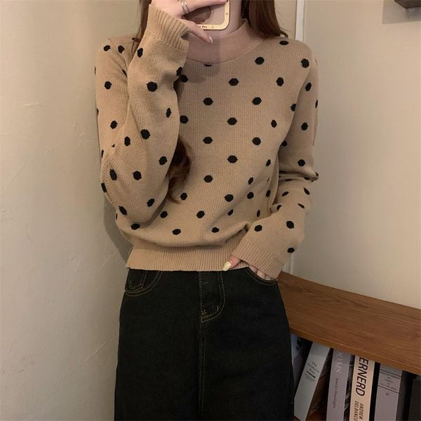 Pulls pour femmes 2023 hiver lâche col rond languissant paresseux vent femme pull Style Preppy étudiantes vêtements à pois dame tricot Pul