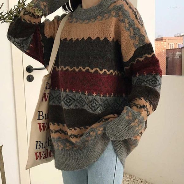 Suéteres para mujer 2023 Jersey de invierno Suéter Retro Estilo universitario Versátil Vintage Mujeres Puentes a rayas Coreano LooseKnitwear Casual Suelto