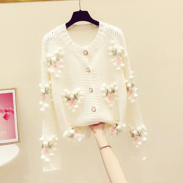 Pulls pour femmes 2023 Winter Runway Pull Femmes Design Élégant Fleur Brodée Love Ball Lâche Chaud Tricoté Cardigan Tops