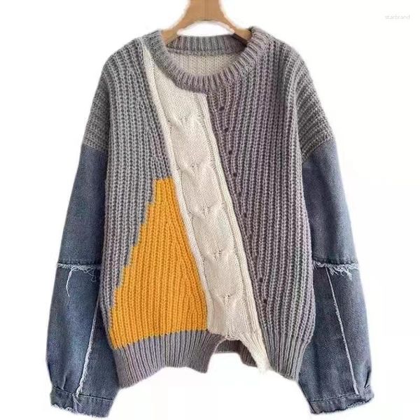 Suéteres de mujer 2023 suéter de invierno mujeres denim patchwork punto jersey irregular dividido suelto casual tops ropa femenina chic coreano