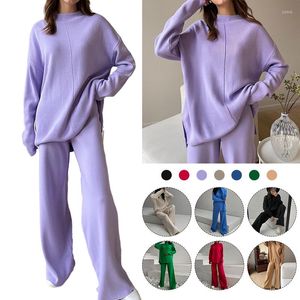 Pulls pour femmes 2023 Femme Automne Hiver Pull Costumes Mode À Manches Longues Lâche Jumper Haut Col Haut Cheville Pantalon Femelle Couleur Solide Tricoté