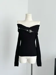 Damestruien 2023 Dames Herfst Winter Solid Eenvoudig Off-shoulder Slash Neck Knitwear Jumper Losse lange mouwen Gesplitste trui Y2k