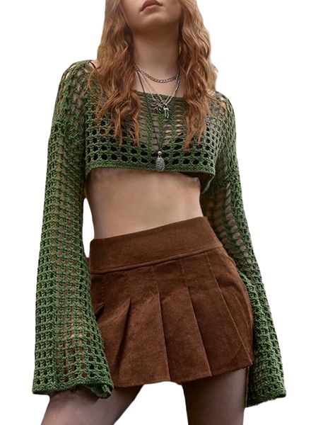 Chandails pour femmes 2023 Femmes Respirant Y2K Crochet À Manches Longues Top Couleur Solide Creux Out Tricoté Pull Pull Pull Mesh Cover Ups 230824