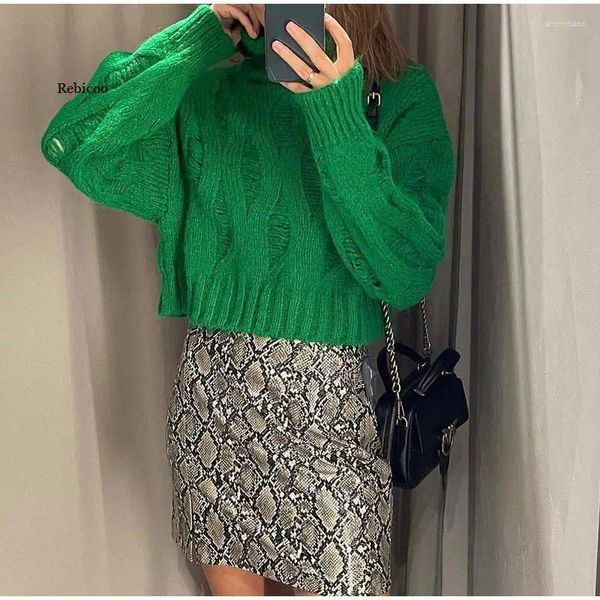 Pulls pour femmes 2023 Femmes Mode Ripped Knit Vintage Pull Femme Hiver À Manches Longues Col Roulé Recadrée Pull Tricoté Chic Vert