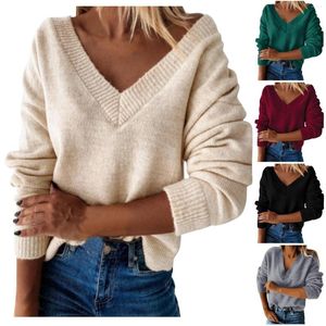 Pulls pour femmes 2023automne hiver femmes pull Sexy col en v pulls hauts solide pull en tricot ample à manches longues