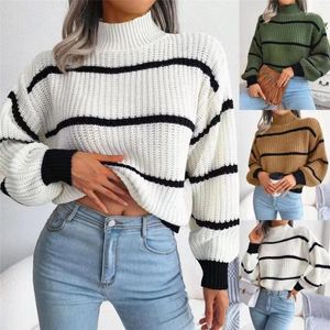 Pulls pour femmes 2024 automne et hiver mode banlieue décontracté rayé lanterne manches demi-col haut tricot pull long pull