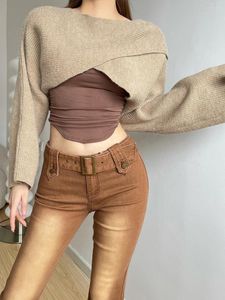 Pulls pour femmes 2024 automne une ligne cou goutte épaule court doux paresseux lâche épicé fille pull irrégulier haut tricoté C6WJ