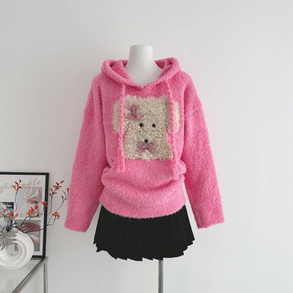 Suéteres de mujer 2024 Otoño/Invierno Edición coreana Lindo perro con capucha de manga larga suéter High Street Diseño casual Pink Bow Y2K Top