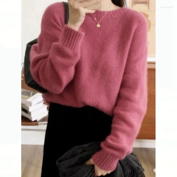 Pulls pour femmes 2024 Automne Hiver Mohair Tricoté Pull Lâche Mode Femmes O Cou À Manches Longues Imitation Mink Doux Beau Pull