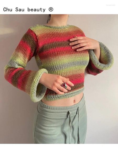 Pulls pour femmes 2024 Automne Hiver Vintage Casual Pull tricoté Y2K Rayé O-Cou Lâche Rainbow Court Pull Femmes Crop Top