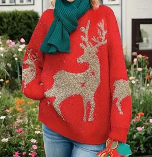 Suéteres de mujer 2024 Otoño/Invierno Suéter de Navidad Jersey de moda Cuello redondo Punto Copo de nieve Elk Rojo Casual Elegante Manga larga