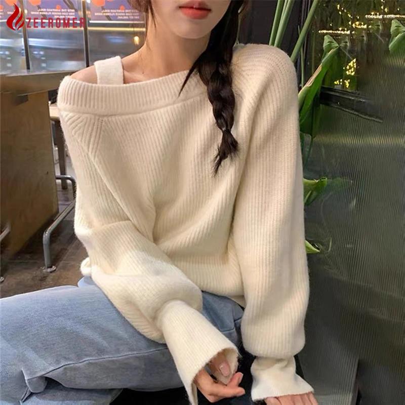 Damenpullover 2024 Herbst Winter Koreanische Mode Sexy Träger Schulterfrei Kurze Fuzzy-Pullover Frauen Lose Faule Süße Allgleiches Pullover Stricken