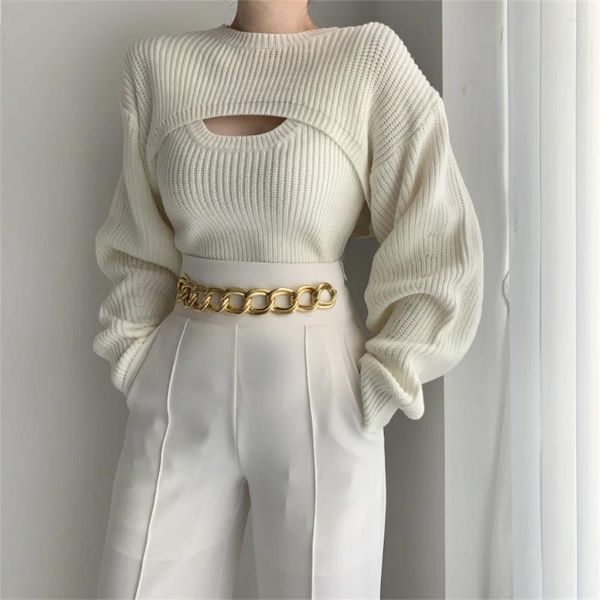 Pulls pour femmes 2024 Mode Automne Outfit Vêtements Tricot Porter Shrug Pull à manches longues Cardigan Femmes Blanc 2 pièces Dame