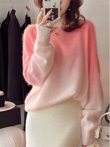 Suéteres para mujer 2024 Moda Otoño Invierno Rosa Degradado Punto Jerseys sueltos Chic Oversize Mujeres O Cuello Suave Grueso Mohair Suéter