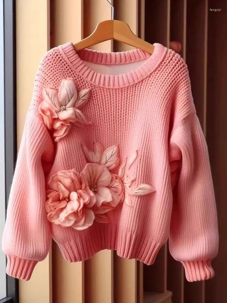 Pulls pour femmes 2024 Fleurs au crochet en trois dimensions Pull rose Femmes Pull Tops Jumper Lâche Manches longues 312923